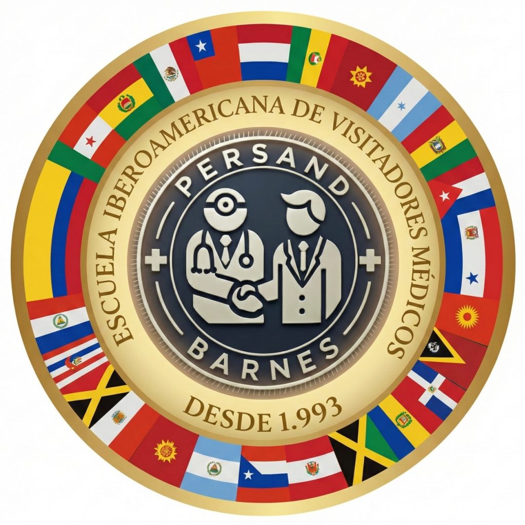 Logo de la Escuela Iberoamericana de Visitadores Médicos Persand Barnes, rodeado por las banderas de toda Iberoamérica y el Caribe, representando nuestra formación profesional para países como México, Argentina, Chile, Perú, Ecuador, Panamá, República Dominicana y toda la región desde 1993